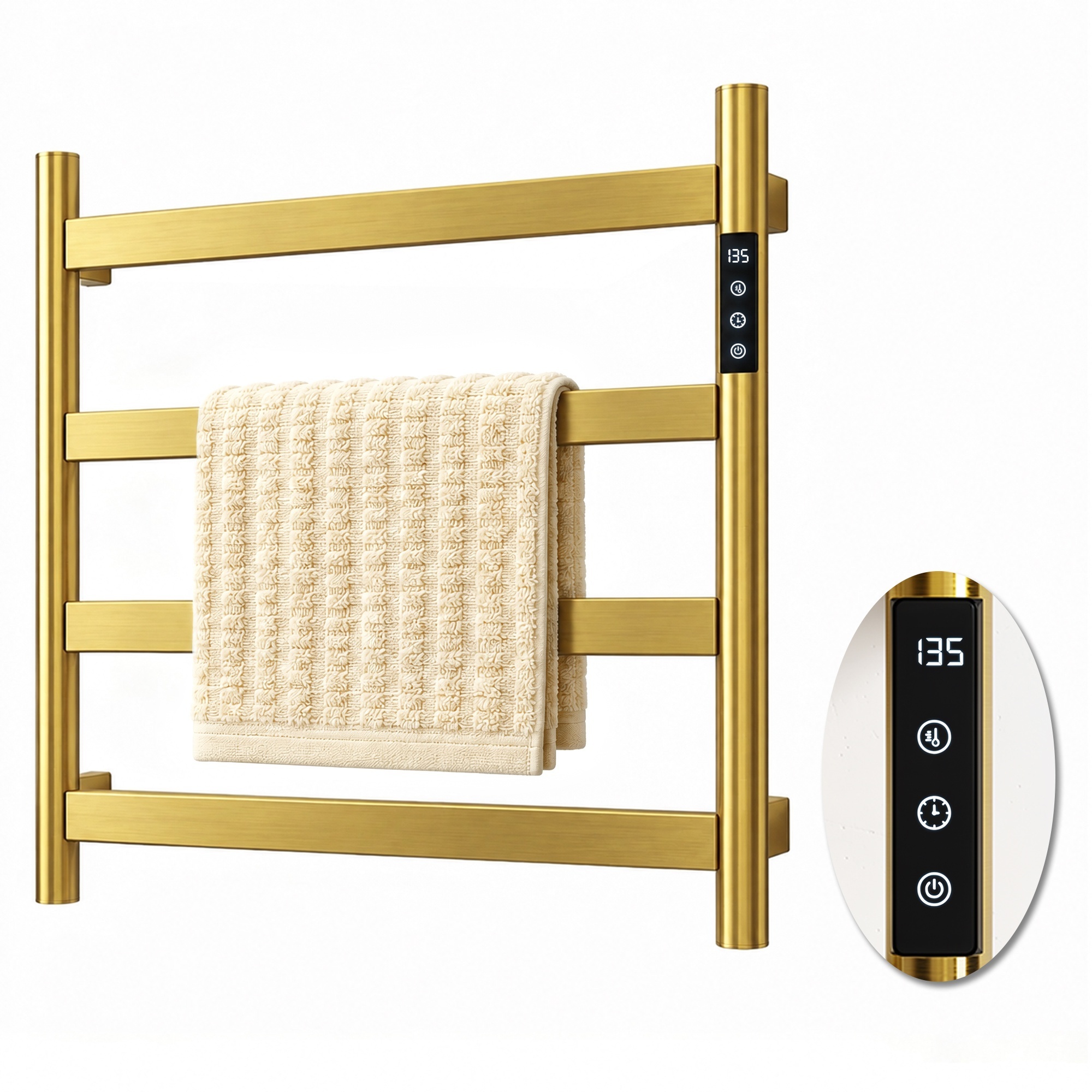 EdenDirect Electric Towel Warmer Rack — Wall-Mounted Heating Towel Warmer, Timer & Temperature Control, Plug-in, Brushed Gold, Stainless Steel, For Bathroom